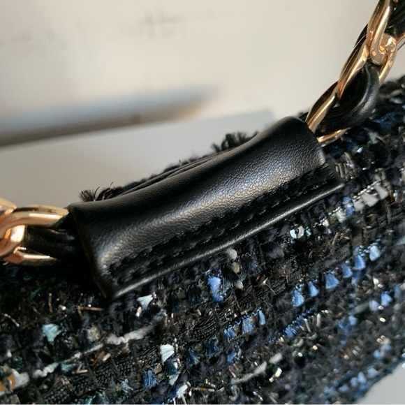 Mini Tweed Blue Black White Fabric Gold Chain Link Shoulder Handbag - Picture 10 of 14